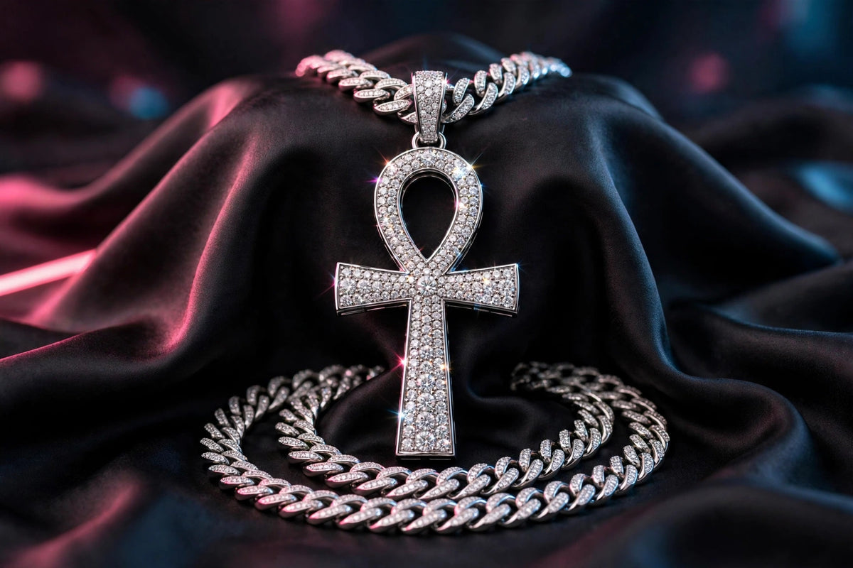 Iced Ankh Pendant Necklace with Cuban Link Chain