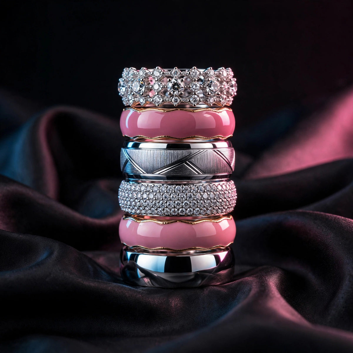 Stackable Ring Set, 6 Pink Enamel and Crystal Rings