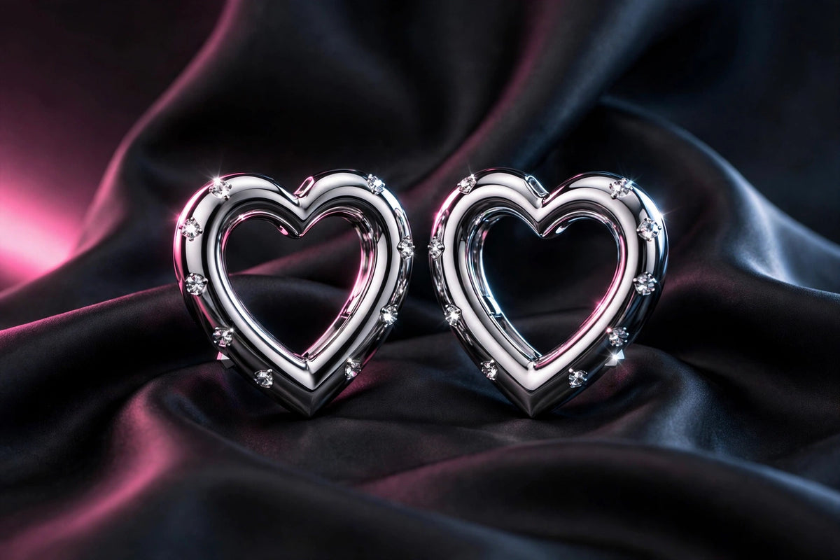 Chunky Chrome Heart Hoop Earrings with Crystals